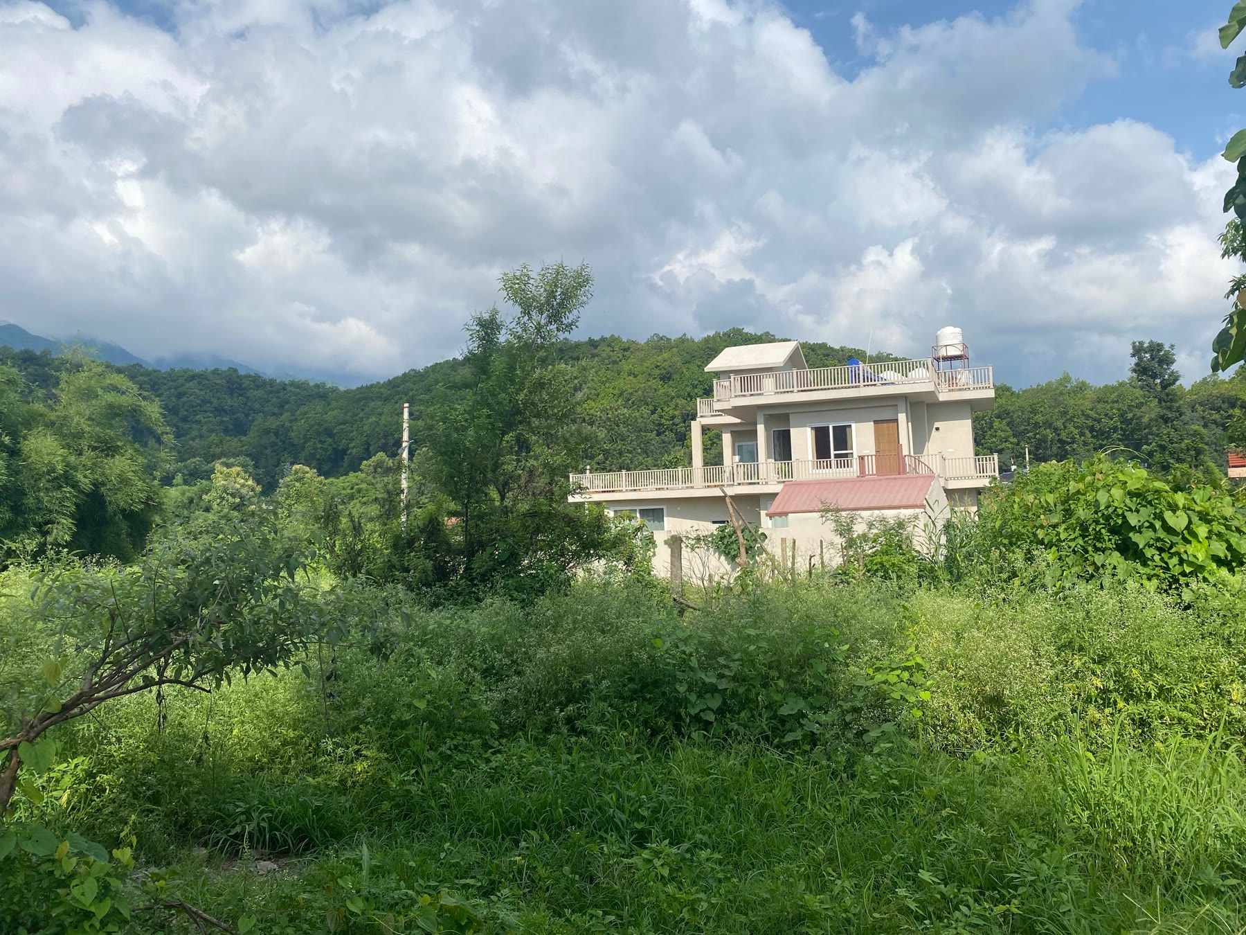 Amatā surrounded by kitchen gardens and forest beneath a wide mountain sky